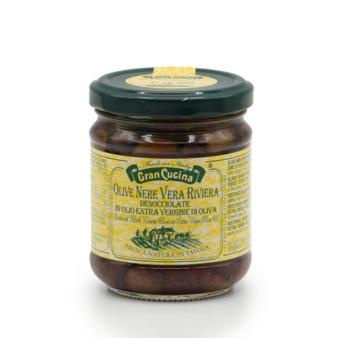 in Olivenöl eingelegte, entsteinte, schwarze Olivenöl in 180g Gläschen